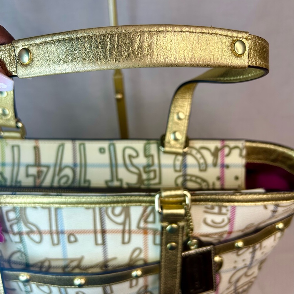 Coach Tattersall Graffiti Tote Gold/Cream Pink Lining Style F13187 Excellent - Picture 4 of 15